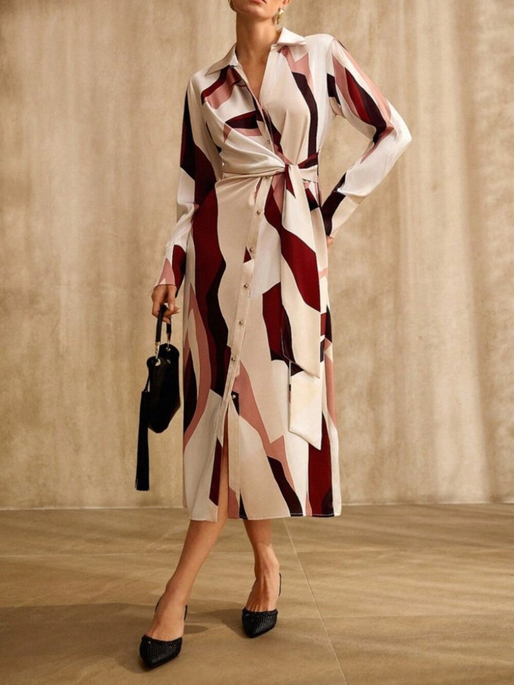 Cream Abstract Print Tie-Waist Shirt Midi Dress